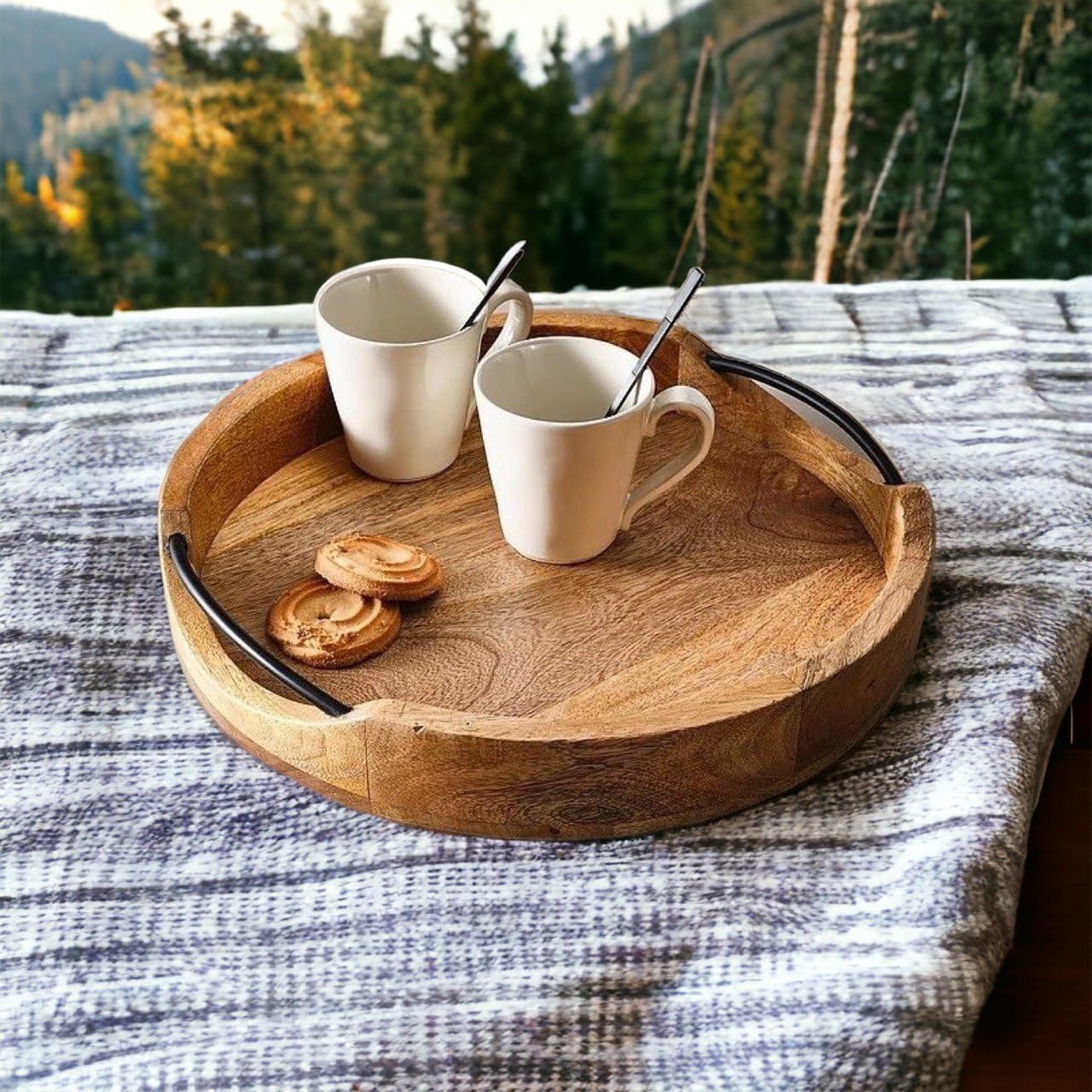 Craft Mshopr Medium Rustic Round Wooden Serving Tray 10X10X2 Inches - Handcrafted Mango Wood With Iron Handles - Decorative Kitc